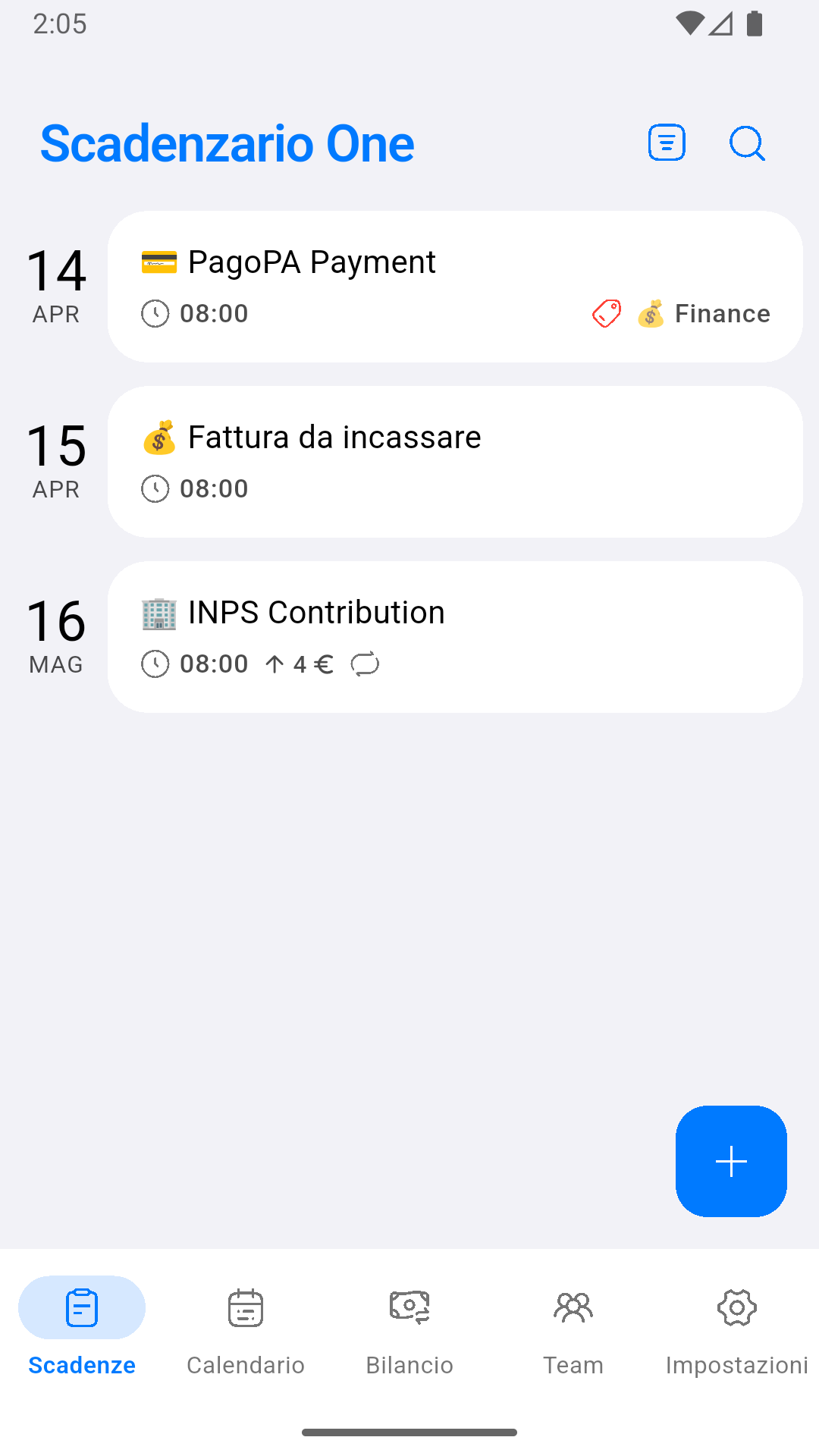 Schermata home di Scadenzario One